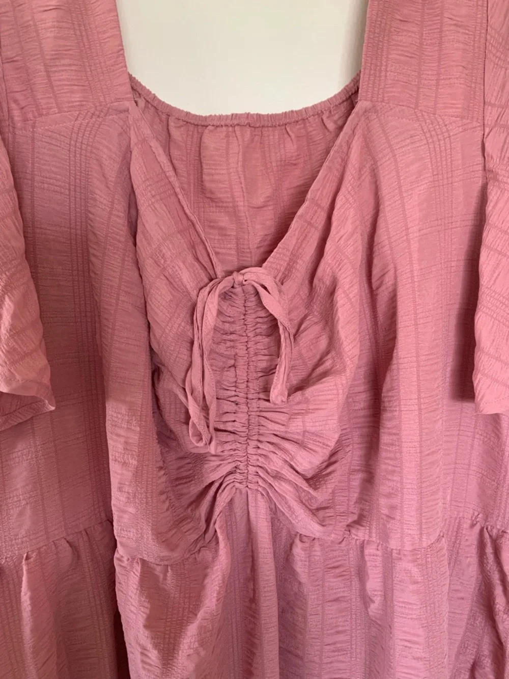 BloomChic Pink Tiered Dress Plus Size 30 Ruched Bodice, Textured, Short Sleeves - Picture 3 of 7